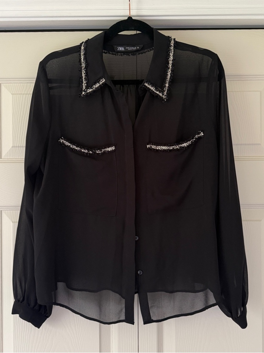 Zara Black Sheer Button-Down Blouse with Tweed Trim